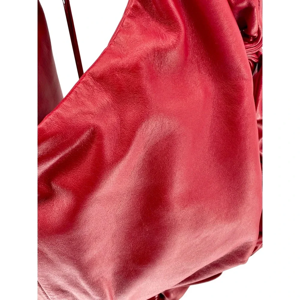Elie Tahari Red‎ Leather Hobo Bag Slouchy Ruched Soft Shoulder Purse Handbag